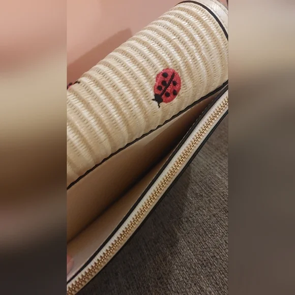 Kate Spade Luna Embroidered Ladybug Straw Crescent Crossbody Bag - Picture 3 of 10